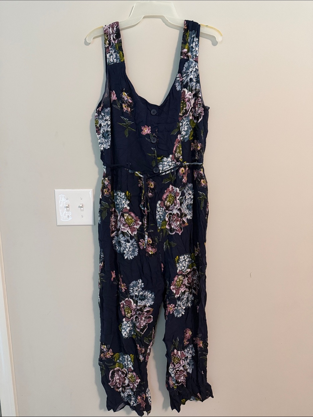 Navy Floral Sleeveless Jumpsuit with Button Front